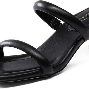 Women's Square Toe Heels Leather 2.2 Inch Low Block Slide Sandals Shoes